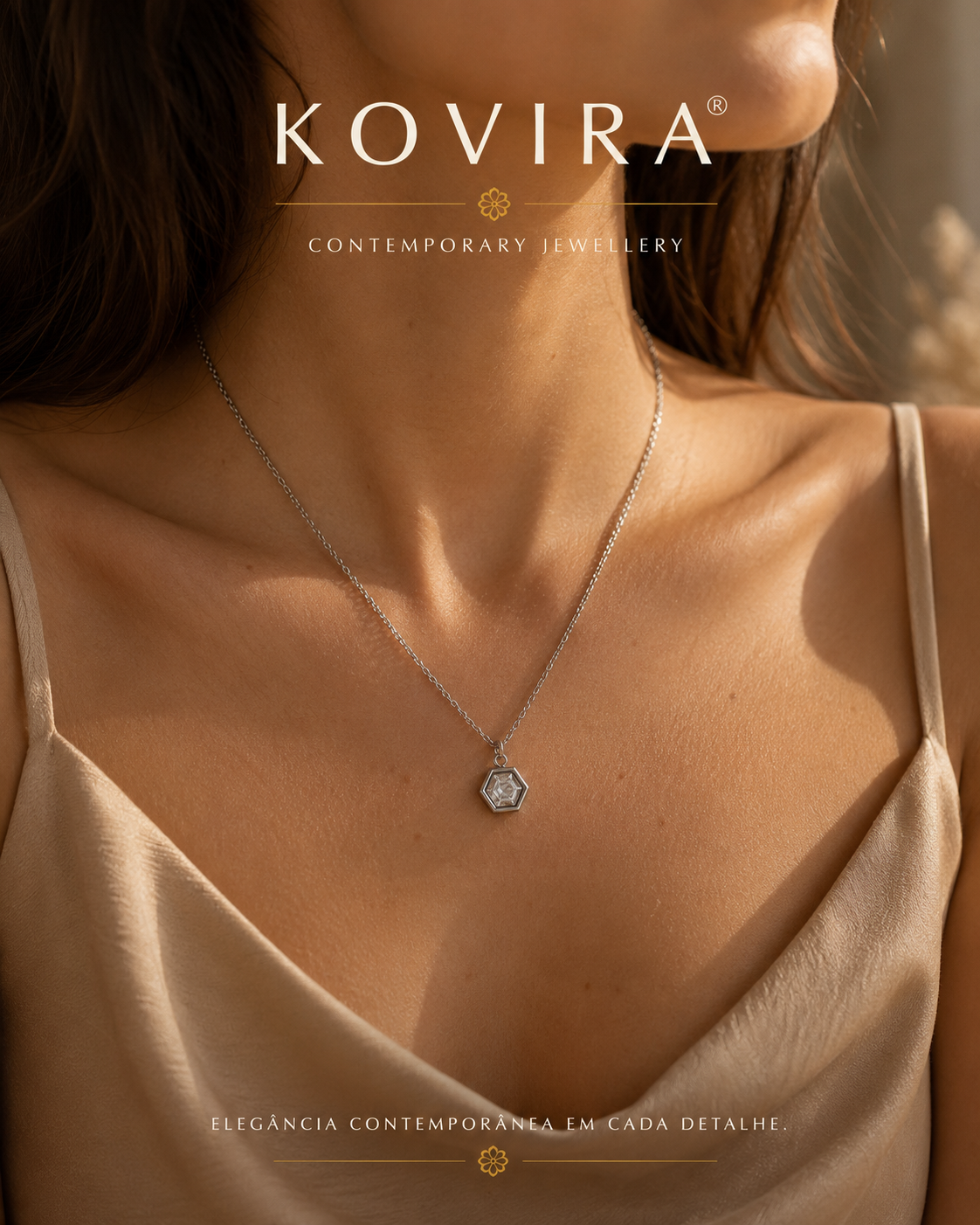 Colar Delicate Hexágono com Zircónia