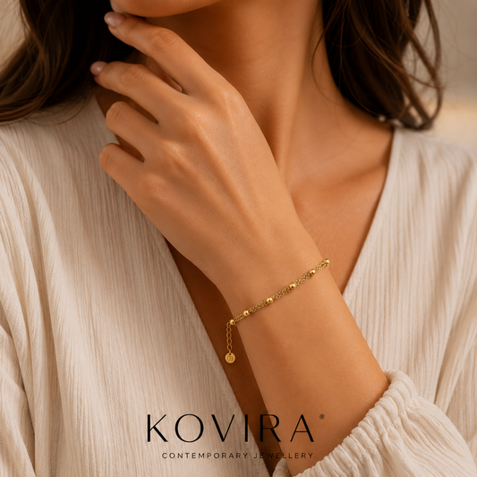 Pulseira em Aço com Malha Dupla e Bolinhas