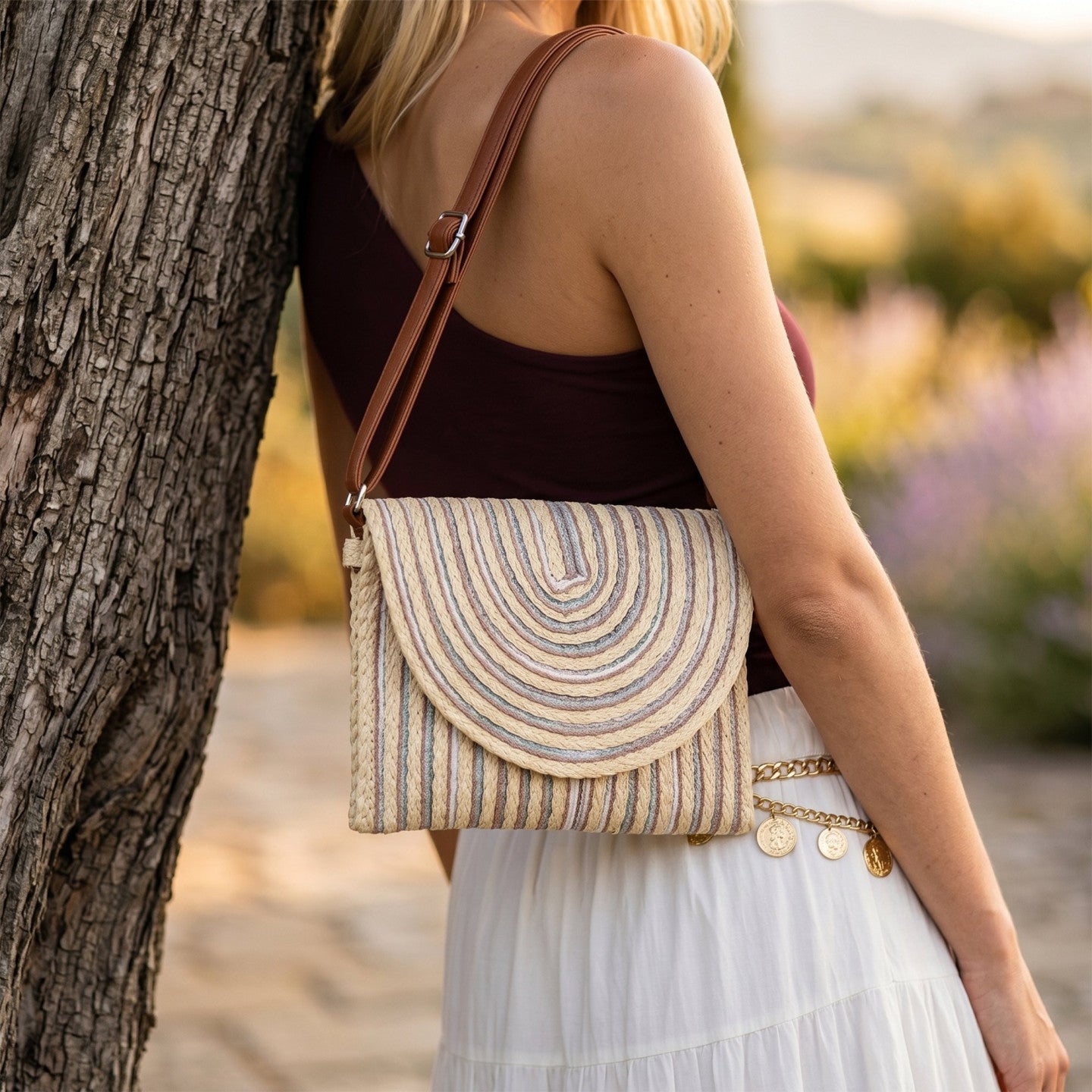 Bolsa Tiracolo em Palha com Linhas Coloridas