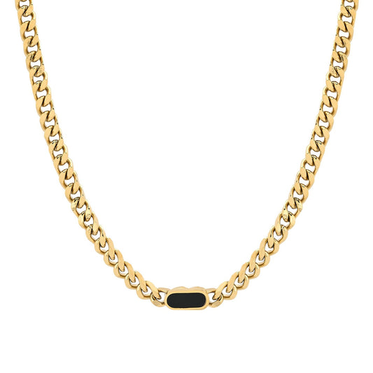 Colar Glamour com Elos e Pedra Retangular Preta