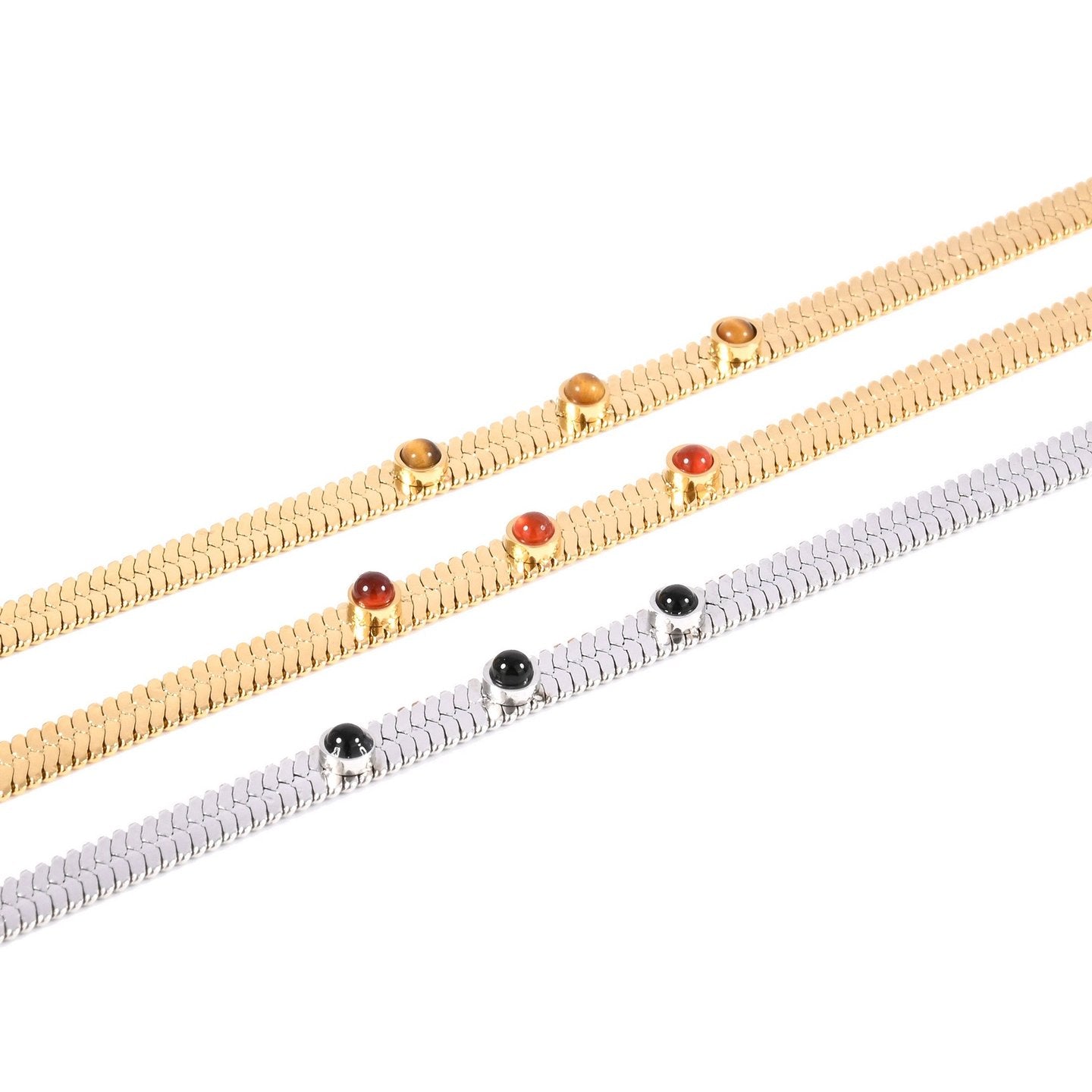 Pulseira em Aço com Três Pedras